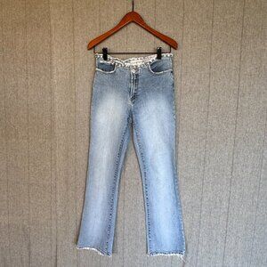Y2K Vintage Parasuco Mid Rise Clear Rhinestone Raw Waist Flare Leg Jeans Size 4